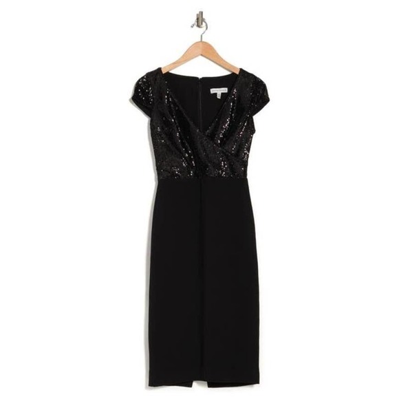 Dress The Population Black Sequin Jaleah Surplice Cap Sleeve Sheath Dress Size S - Picture 3 of 10